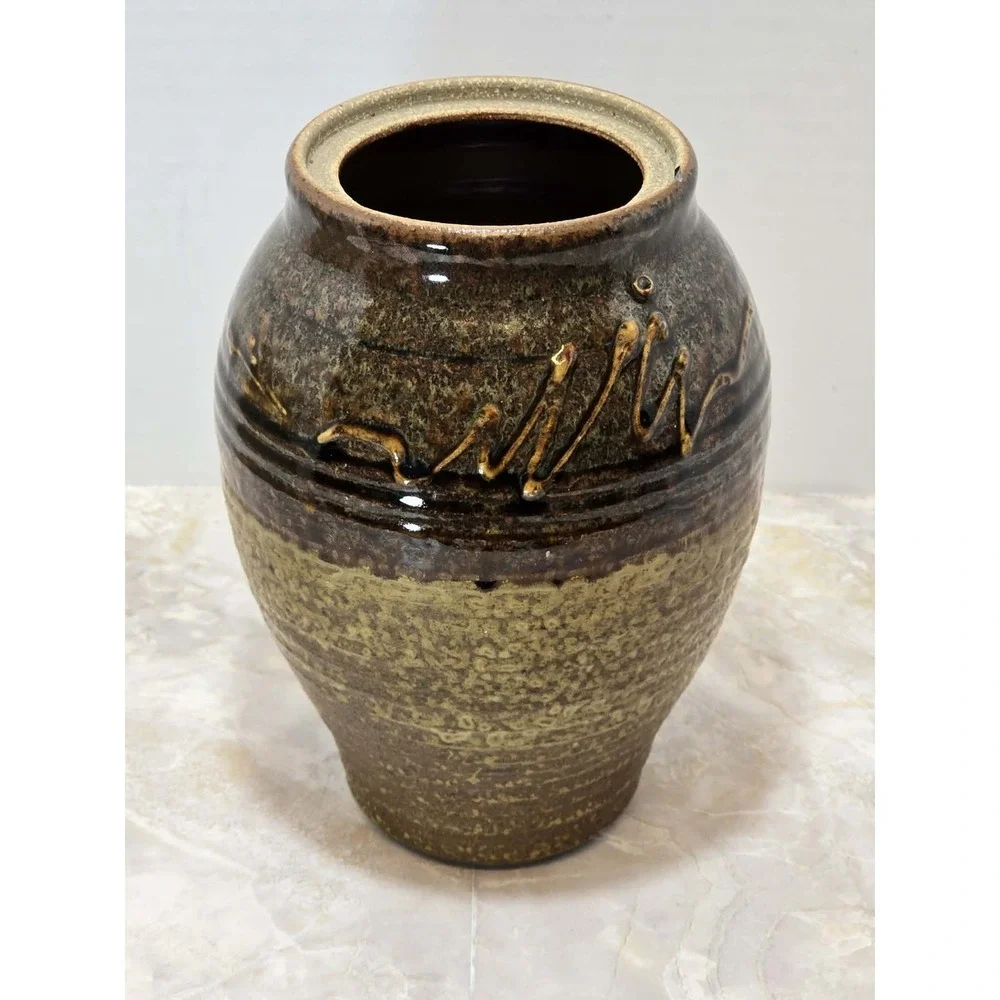 Studio Pottery Art Vase GUC Signed Brown Green Drip Glaze Rustic Boho 🍂 - Picture 3 of 8